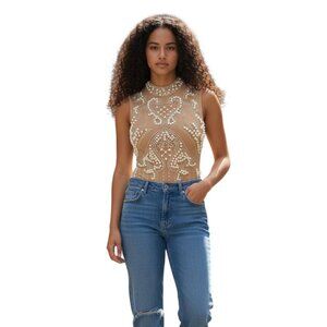 High Neck Sleeveless Pearl & Diamond Mesh Sheer Bodysuit Size M